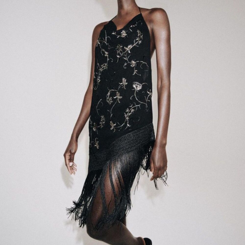 NEW ZARA ZW Collection Women Embroidered Macrame Fringe Halter Top Black - Picture 3 of 8